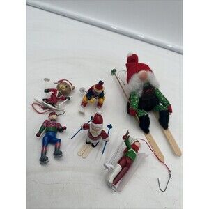 Lot Of 6 Vintage Skier Ornament Midwest Wooden Village Gnomes Santa Elf Bear